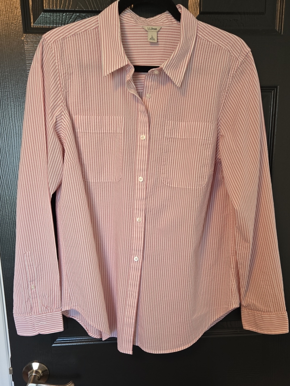 L.L. Bean Women's Pink Stripe Searsucker Button-Down Shirt